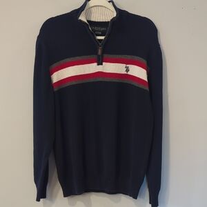U.S. Polo Assn. Men’s Navy Quarter-Zip Sweater with Red and White Chest Stripes